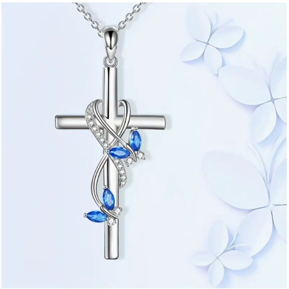 Jewelry - Fashion Silvery Rhinestones Blue Butterfly Cross Necklace